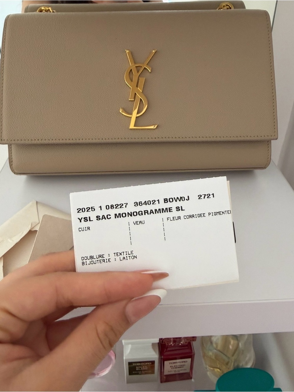 Saint Laurent Monogramme Shoulder Bag in Taupe Beige with Gold Hardware